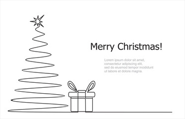 Continuous line vector illustration of xmas tree and gift. Merry Christmas concept 