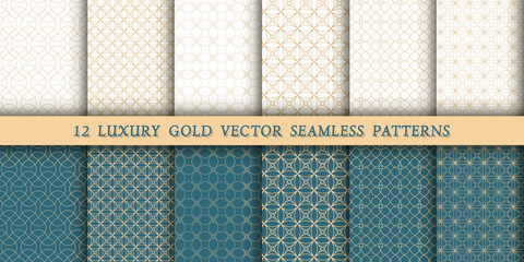 A set of 12 luxurious geometric gold patterns for printing and design, golden lines on a white and green, emerald background. Modern and stylish patterns