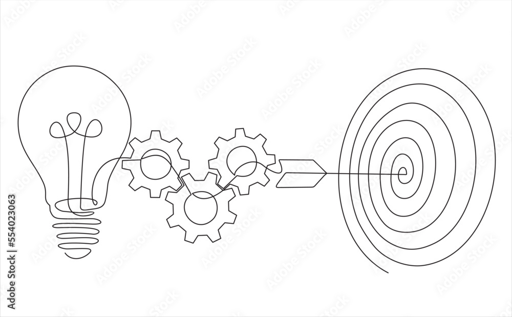 Aufkleber continuous one line drawing of light bulb with a dart board and gears. startup idea creative imagina