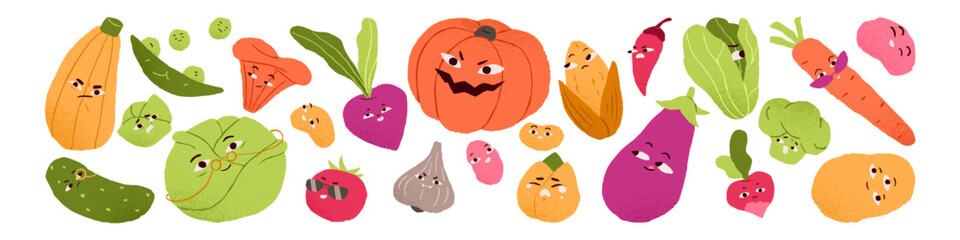 Funny vegetable characters with cute happy faces, kawaii emotions. Fun comic food set. Smiling carrot, tomato, broccoli, onion. Childish flat graphic vector illustration isolated on white background