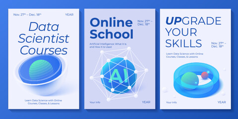 Social media web banner templates for online school, classes and courses. Big data, Ai and cloud solutions in isometric vector illustration. Abstract datacenter or blockchain network background