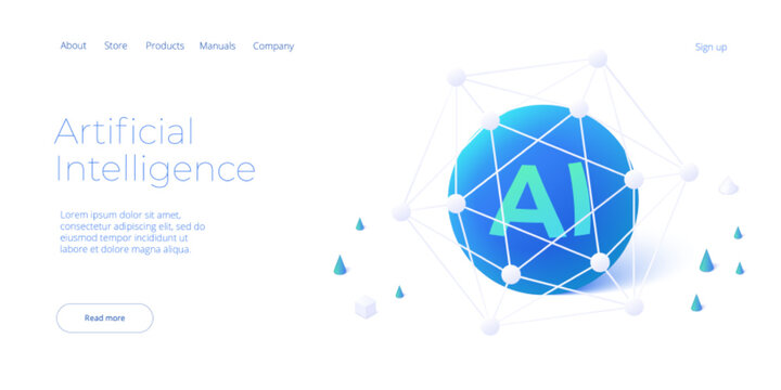 Artificial intelligence or neural network concept in isometric vector illustration. Neuronet or ai technology background with data screens and cloud connection. Web banner layout template
