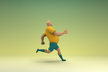 Obraz na płótnie Canvas An athlete wearing a yellow shirt and green pants is runing. 3d rendering of cartoon character in acting.