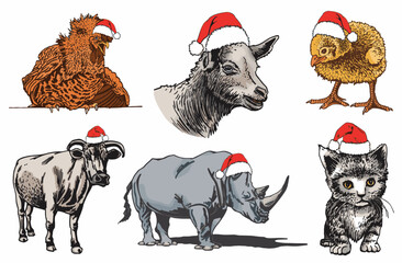 Vector color set of animals in Santa Claus red hat on white isolated, Christmas wildlife element 