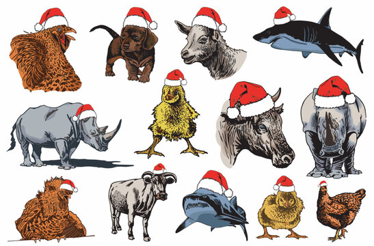 Vector color set of animals in Santa Claus red hat on white isolated, Christmas wildlife element 