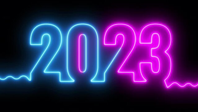 2023 number glowing neon text animation seamless looping on black background