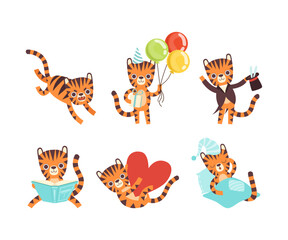 Cute Little Tiger with Striped Coat Engaged in Different Activity Vector Set