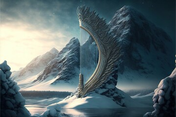 Fototapeta premium Winter mountain fantasy landscape, Antique harp, stringed ancient musical instrument. AI