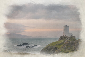Fototapeta na wymiar Digital watercolor painting of Llanddwyn island lighthouse, Twr Mawr at Ynys Llanddwyn.