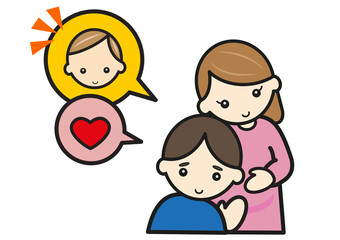 妻のお腹の赤ちゃんに耳をすませる男性