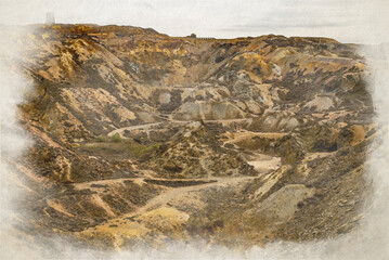 Digital watercolour painting of the Parys Mountain copper mine.