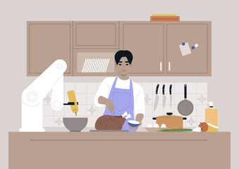 A young male Asian character cooking in the kitchen together with a robotic hand, modern lifestyle