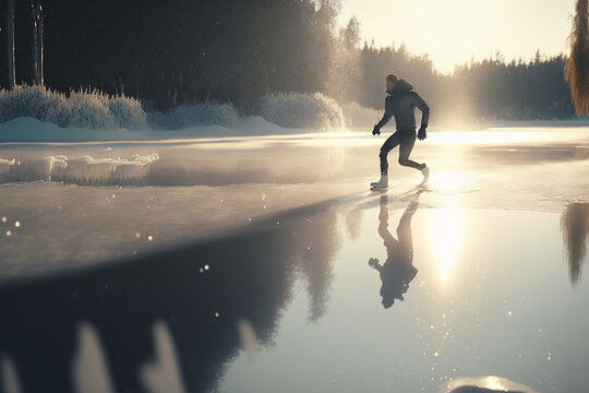 AI Generative Digital Illustration Of Person Skating On Frozen Lake On A Warm Winter Morning