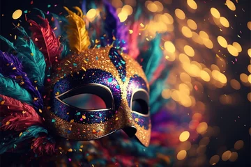 Poster Realistic luxury carnival mask with colorful feathers. Abstract blurred background, gold dust, and light effects. Generative Ai. © makstorm