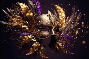 Realistic luxury carnival mask with colorful feathers. Abstract blurred background, gold dust, and light effects. Generative Ai.