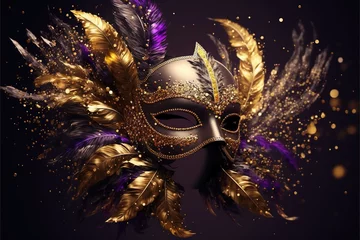 Gardinen Realistic luxury carnival mask with colorful feathers. Abstract blurred background, gold dust, and light effects. Generative Ai. © makstorm