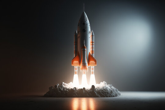 CGI Art. Dynamic View Of Sci-fi Rocket Ship About To Launch