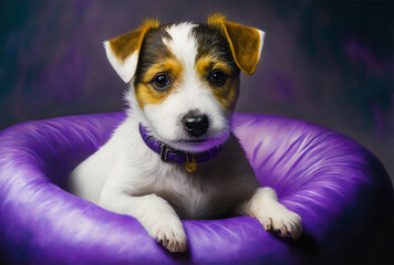 Summer the Jack Russell puppy is depicted in a picture on a purple backdrop inside an inflatable. Generative AI