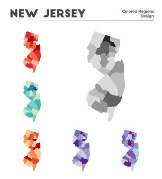 New Jersey map collection. Borders of New Jersey for your infographic. Colored us state regions. Vector illustration.