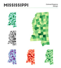 Mississippi map collection. Borders of Mississippi for your infographic. Colored us state regions. Vector illustration.