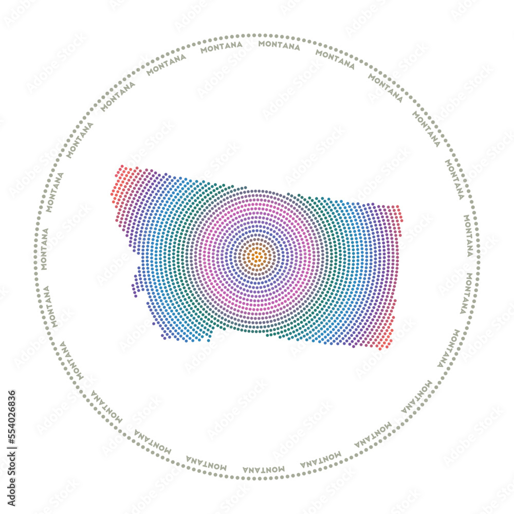 Poster montana round logo. digital style shape of montana in dotted circle with us state name. tech icon of