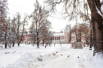 Naklejka premium The Tsaritsyno Museum in the city. The business card of Moscow. A beautiful palace on the estate. Travel and tourism in Russia