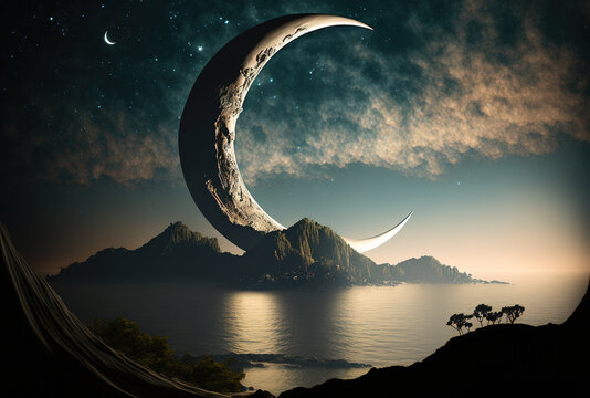 White crescent moon against a beautiful background. Generative AI