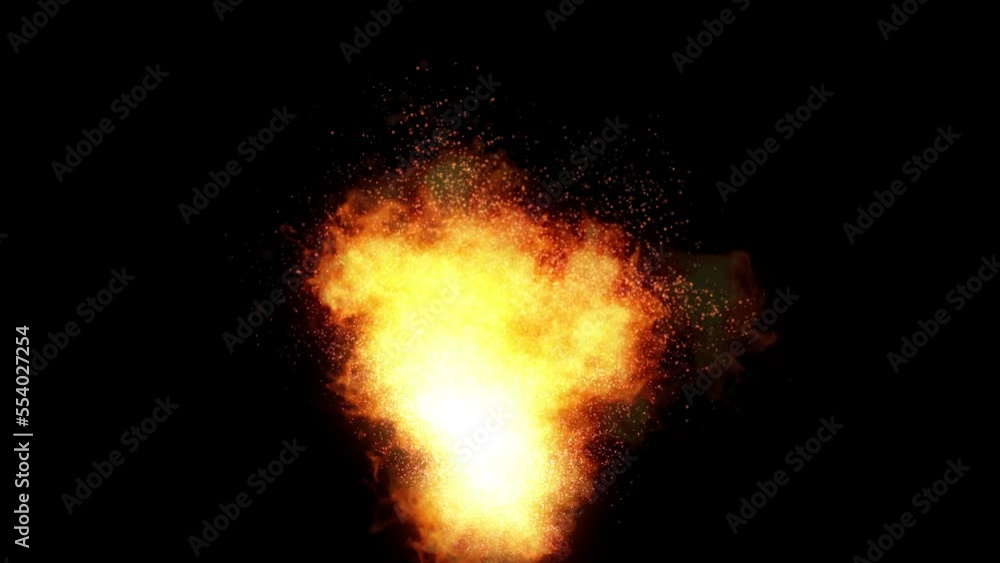 Poster burning fire visual fx on black background/ 4k animation of a burning fire explosion effect with spa