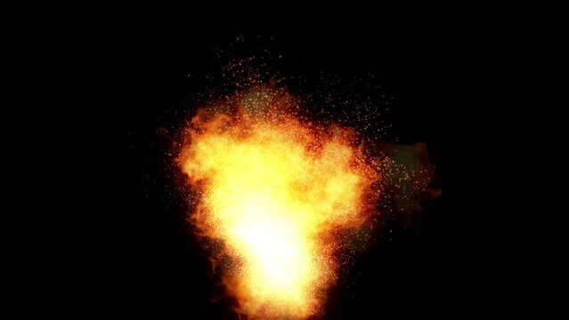 Burning Fire Visual Fx On Black Background/ 4k animation of a burning fire explosion effect with sparks and smoke patterns