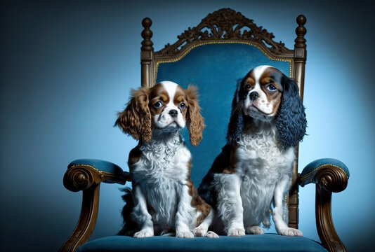 puppy spaniels playing in the studio. A adorable dog or other creature is seated alone against a blue backdrop. the arrogant King Charles. Insert your words or image into the blank space. movement not