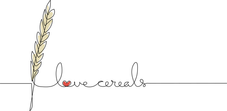 Wheat ear grain with handwritten text Love Cerelas - continuous one line drawing for bakery cereals or label design.
