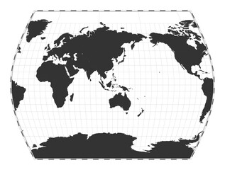 Vector world map. John Muir's Times projection. Plan world geographical map with latitude/longitude lines. Centered to 120deg W longitude. Vector illustration.