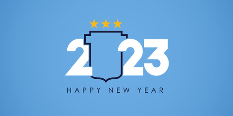 Fototapeta na wymiar Happy New Year 2023 banner template design with Celebration of the world championship of the Argentina national team concept. Sport banner for New Year. 
