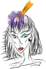 Model in extravagant violet flower fancy hat, hat decorated. Eye arrows, bold makeup. Earrings Yin Yang