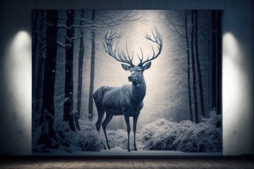 Winter Northern majestic deer in the magical winter night forest. Winter landscape with deer, big beautiful antlers, winter illumination, moonlight, neon. AI