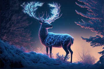 Winter Northern majestic deer in the magical winter night forest. Winter landscape with deer, big beautiful antlers, winter illumination, moonlight, neon. AI