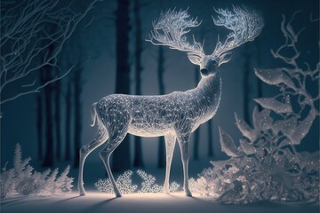 Winter Northern majestic deer in the magical winter night forest. Winter landscape with deer, big beautiful antlers, winter illumination, moonlight, neon. AI