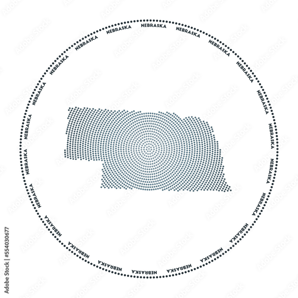 Poster nebraska round logo. digital style shape of nebraska in a dotted circle with the us state name. tech