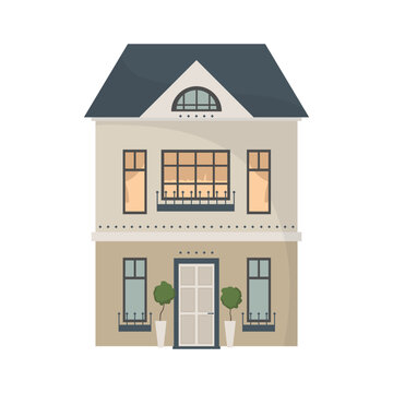 Urban architecture - a small European two-story house with trees and large windows. Flat illustration, vector illustration design template