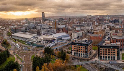Aerial view of a Sheffield cityscape skyline at sunset