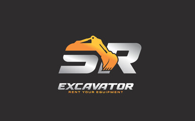 SR logo excavator for construction company. Heavy equipment template vector illustration for your brand.