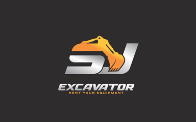 SJ logo excavator for construction company. Heavy equipment template vector illustration for your brand.