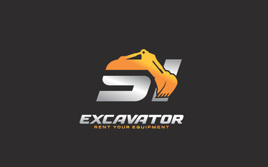 SI logo excavator for construction company. Heavy equipment template vector illustration for your brand.