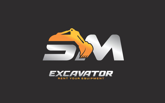 SM logo excavator for construction company. Heavy equipment template vector illustration for your brand.