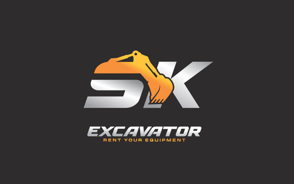 SK logo excavator for construction company. Heavy equipment template vector illustration for your brand.
