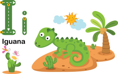 Alphabet Letter I-Iguana with cartoon vocabulary illustration, vector