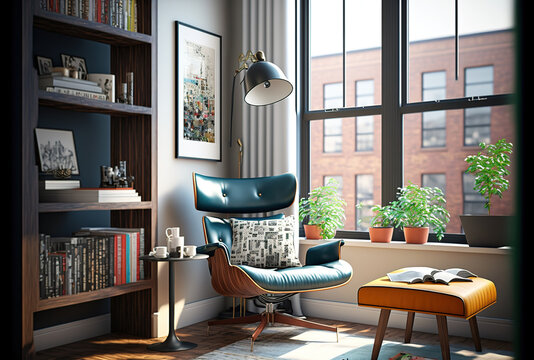 Apartment reading nook in mid century modern style. Generative AI