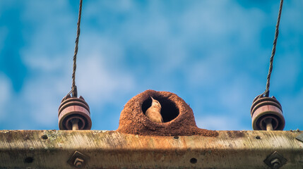 Vogel in einer Bruth&ouml;hle auf einem Strommast