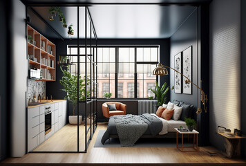 A contemporary studio apartment featuring a bedroom and living area. Generative AI