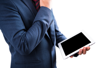 businessman using a touch screen or tablet device on transparent background